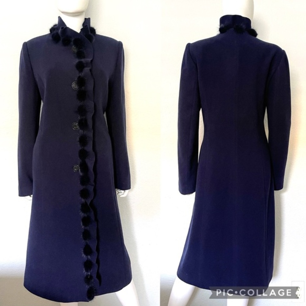 NWT WOMEN LONG COAT RUFFLE-TRIMMED‎ WITH REAL RACCOON FUR LINED NAVY INSULATED